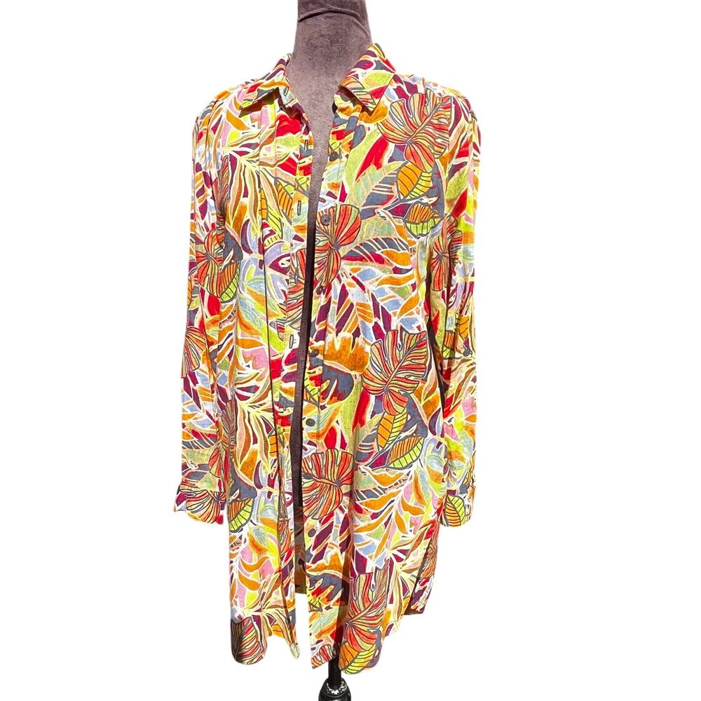 Tropical Patterned Boho Lenin Over shirt Swimsuit Cover Up Vacation Resort Sz M